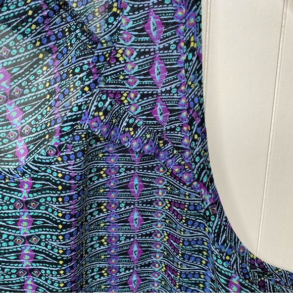 American Eagle Sleeveless Top Black Purple Teal Yellow Print Ruffle Hem Medium - Picture 4 of 7